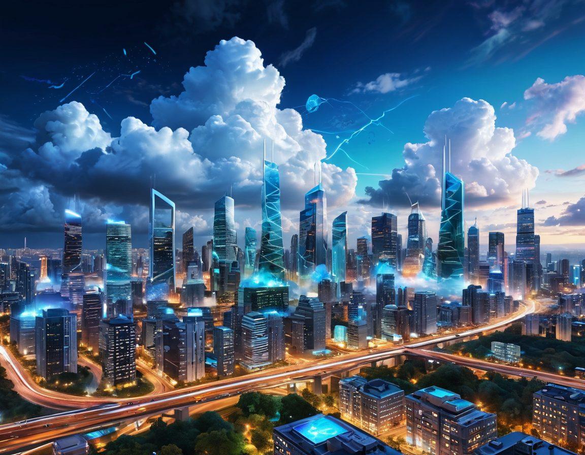 A futuristic city skyline showcasing clouds intertwined with digital code and application icons, representing the fusion of technology and nature. Developers are working on holographic screens in a vibrant, colorful setting, illustrating collaboration and innovation. The sky is bright with data streams and cloud patterns reflecting a sense of revolution in application development. hyper-realistic. vibrant colors. 3D.