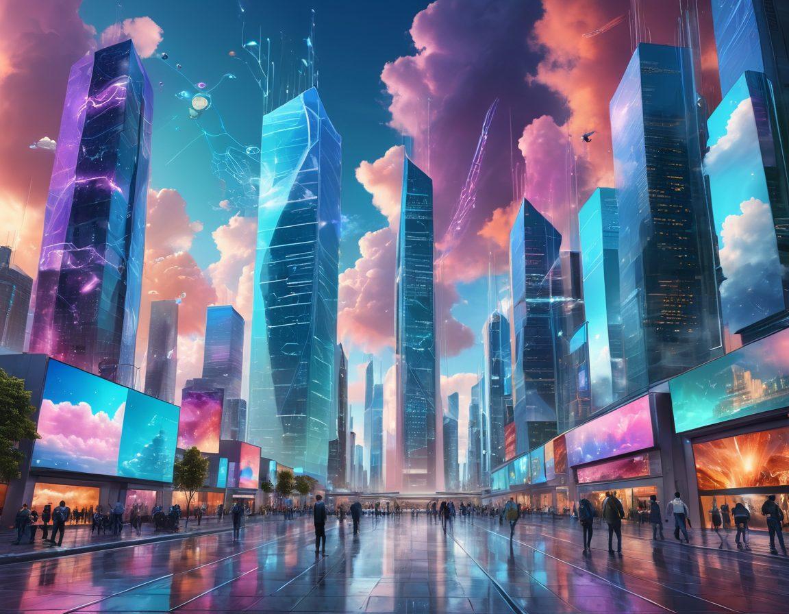 A futuristic city skyline with towering digital screens displaying interactive web applications. Clouds connecting various buildings, symbolizing cloud-based solutions with flowing data streams. People interacting with holographic interfaces and augmented reality elements on the streets. A bright and vibrant color palette reflecting innovation and technology. super-realistic. vibrant colors.