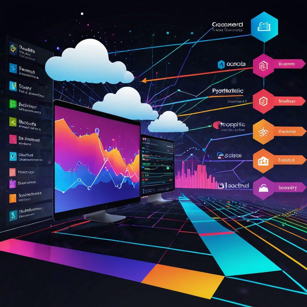 A split view of a digital landscape, showcasing a vibrant frontend interface with colorful graphs, code snippets, and user-friendly design elements on one side, transitioning into a sophisticated backend architecture with cloud servers, databases, and networking visuals on the other. Include dynamic arrows symbolizing the journey between frontend and backend. Use a futuristic style with bright neon colors and a dark background to emphasize technology.